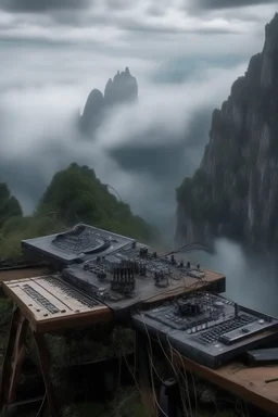 A hooded man standing on tbank of a torrent of river and clouds from far away gothic theme