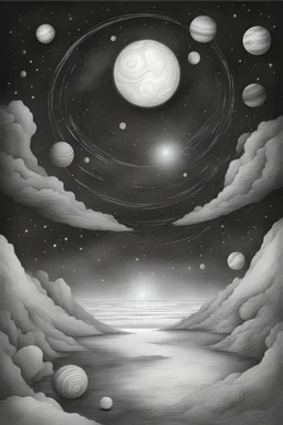 a pencil drawing of a night sky, stars and planets on the background