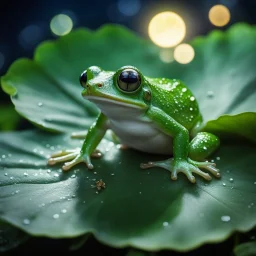 Emerald glass frog perched on a lotus leaf in the moonlight., sharp focus, high contrast, bright vibrant colors, cinematic masterpiece, shallow depth of field, bokeh, sparks, glitter, 16k resolution, photorealistic, intricate details, dramatic natural lighting