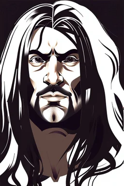 This image depicts a lifelike caricature of a man with long hair. The man is the central figure in the picture, taking up most of the space, with his features and hair color against a white background. The image has an artistic style that leans toward abstraction, making it an interesting piece of art. The man's face is one of the most dominant aspects of this image. His facial features are emphasized, and a lot of character is shown, which is typical of anime drawings. This photo doesn't h