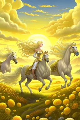 Fantasy digital art: fairies with golden hair, and white dresses descend from fluffy clouds towards a meadow with brown horses