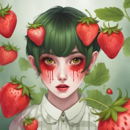 a zombified strawberry with pixie-cut hair