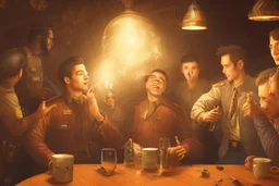 Smoky pub, cheerful young men drinking around a table, a policeman looking thoughtfully at the ID card of one of the boys, lantern light