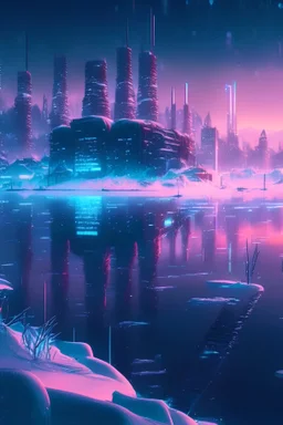 winter, fluffy snow, beautiful, frozen lake, modern cyberpunk city in the distance, neon lights from the buildings, fantasy world, 4k