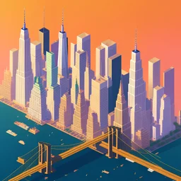 isometric architecture illustration of new york at sunset