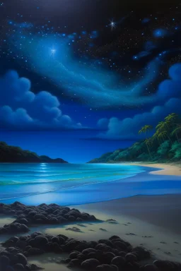 The beach of Leela Island is illuminated by a bright blue light all the stars Oil painting