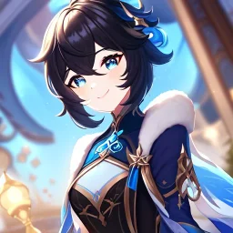 Clear focus,High resolution, Black short fluffy hair, and blue eyes, wearing a Genshin Impact inspired outfit, detailed clothes,must be wearing a short skirt, Smiling