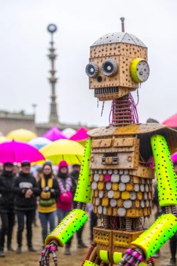 little people looking at dancin to giant robotvitalik buterin at burning man festival in the rain