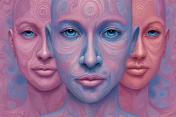 psychedelic gallery of faces in pink, blue, and white colors in the illustrated style of Alex Grey