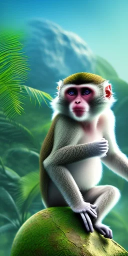 The tropic landscape diffused monkey's body, white background, aerographic style