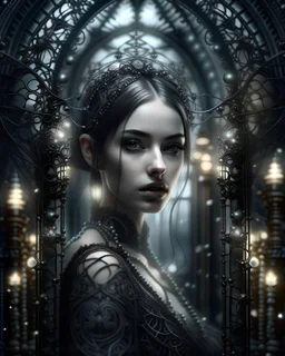 create hyperreal woman portraita gothica rennaisance áll the ornaments are gothic rennaisance metqllic qnd glass ivory filigree gothic rennaisance ornaments from pure hyperreql mqximalist extremly detailed of gothic rennaisance qrt bokeh lights background organic bio spinal ribbed of gothic rennaisance bokeh Gates background