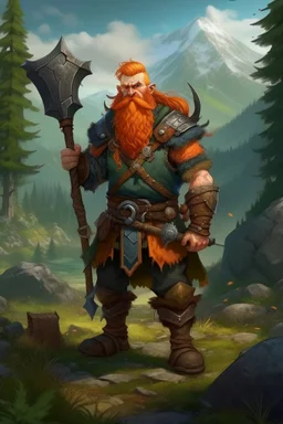 Realistisches Bild von einem DnD Charakters. Männlichen Zwerg mit orangenem Haaren. Er hat eine Axt und ein Wildschwein bei sich. Er steht im Wald mit Bergen im Hintergrund.