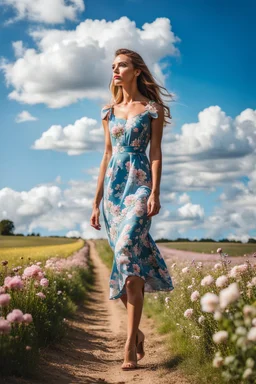 fullbody girl makeup wearing a floral midi dress walking in country side ,flowers ,pretty clouds in blue sky