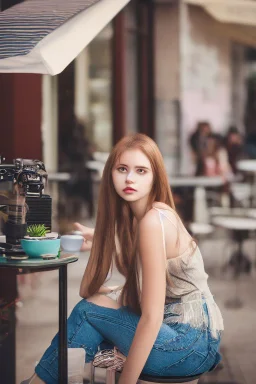photo of young woman, highlight hair, sitting outside restaurant, wearing dress, rim lighting, studio lighting, looking at the camera, dslr, ultra quality, sharp focus, tack sharp, dof, film grain, Fujifilm XT3, crystal clear, 8K UHD