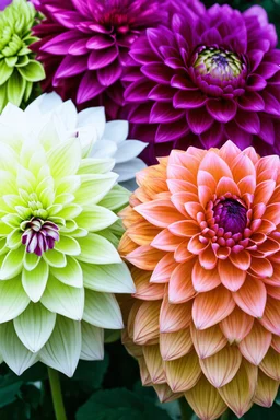PInk, white, and green Dahlias dotted with purple next to sunset purple, pink, and orange gradiated Dahlias in bloom; Georgia O'Keefe meets Jean Haines