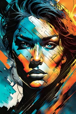 create an abstract illustration of a female face formed from an inner city landscape , highly detailed , in the comic art style of FRANK MILLER and BILL SIENKIEWICZ, searing lines and forceful strokes, boldly inked, with gritty textures, vibrant colors, dramatic otherworldly lighting, highly detailed facial features, 8k and hyper realistic 3d