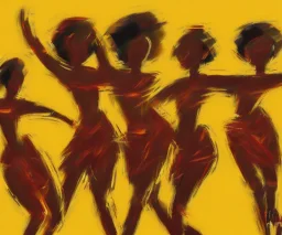 an abstract painting with figures of three African women dancing