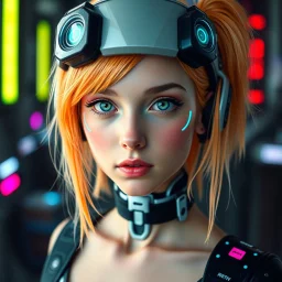 a pretty cyberpunk girl, cyborg, bright hair, young, futuristic, dystopia