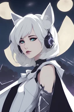 Pale Woman with short white hair, violet eyes, silver and white futuristic corset, wearing a skirt and thigh boots, white cloak, lynx ears, smug, villain, night sky background, RWBY animation style