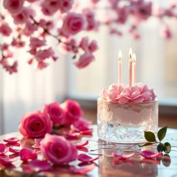 crystal stone romantic atmosphere, glossy transparent stone tabletop, rich atmosphere, floating pink rose petals, rose background, blurred background, red shades, tulle, candles, birthday cake from the side, luxury, close-up, warm light, minimalismspring cherry blossoms blurred background sunny weather