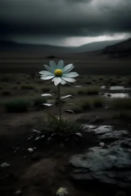 crea una imagen de un paisaje desolador y una flor única creciendo en el medio de la nada y en medio de la lluvia.