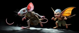 rat gremlin elf halfling pixie runner, airbrush and pen outline, realistic 3d rendering with high contrast background