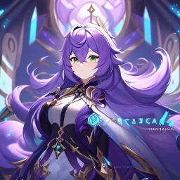 Clear focus,High resolution,Beatiful Lighting, purple long fluffy hair, long fluffy bangs, green eyes, custom genshin oc, must be wearing a short skirt, genshin impact name card, color pallete purple (XII)-cyber grape-rose vale