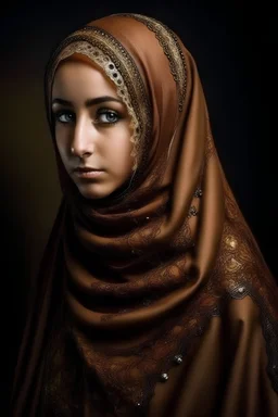 زى ترتديه امرأة مسلمة محجبة، يتكون من فستان واسع يحتوى على زخارف إسلامية، بنى اللون، مفتوح من الأمام، مصنوع من قماش المخمل بتفاصيل دقيقة للزخارف.