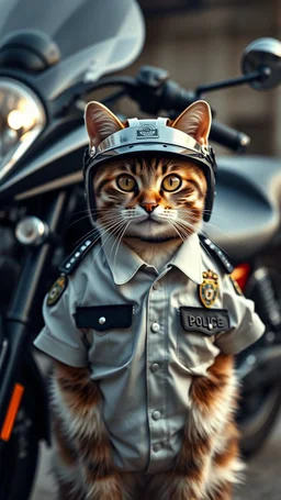 a cat wearing a whole police officer uniform , and a helmet.standing beside the motorcycle , realistic , pro photography , high quality, and cinematic scene