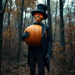 Pumpkin king in 1920s suit in an autumn forest spooky