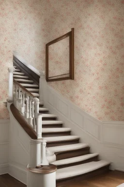 Mansion staircase with flowered wallpaper