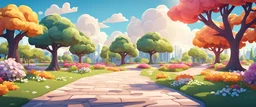 Background: beautiful colorful city park on a bright sunny day landscape, picnic table, clouds, spring flowers, trees, 3D vector cartoon asset, mobile game cartoon stylized, clean Details: colorful flowers, far-off trees, paved pathway. Camera: side angle, 45° downward, 35 mm. Lighting: high noon sun, LED lights. cartoon style