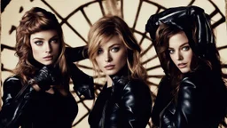 Poster for an action film called "The Motorbike Girls" starring Katherine McNamara, Margot Robbie and Georgia Henshaw wearing tight leather catsuits.