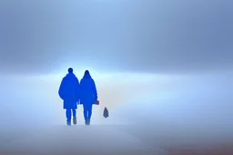 two people without gender seen from behind walking side by side in an empty foggy plain, above there is blue sky