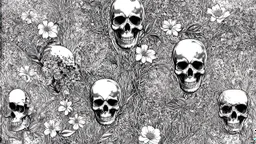 tracery of flowers and skulls, black and white, minimalistic