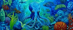 A blue underwater reef with an octopus designed in African masks painted by Paul Gauguin