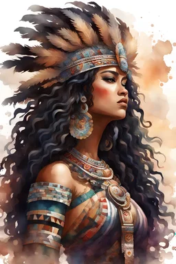 create a watercolor art image of a Aztec curvy female looking to the side with a large mane of curly black flowing thru the wind. 2k prominent make up with hazel eyes. Highly detailed hair. Background of a Aztec empire