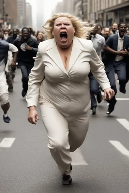 an obese terrified blonde white woman crying and sobbing in a pant suit desperately running away from an angry mob of thousands of black people chase her down a city street