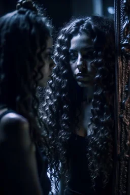 Close up of a beautiful woman with long curly black hair standing in front of a mirror, she doesn't see, but her reflection in the mirror is a dark demon with intense scary eyes looking back at her. Super realistic, 8k high quality