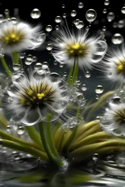 Purity transparency water splashing twisted with many littledandelions inside, photo, 8