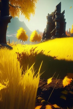 brilliant raytraced game level with yellowish grass, 4k, nvidia graphics, volumetric light, depth of field, autumn, trending art, fantasy art, knight