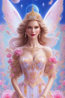 Magnifique woman, lady fairy, facing happy, voluptuous white, pink enchanted flowers, wings magic, long big dress, pink outerspace stars planets, Beautyful smiling, young woman, long hair amazing blue eyes, flowers, happy cosmic, bright colors, blue, pink, gold, jewels, realistic, photo real, clear sunny background, highly detailed, high contrast, 8k high definition, unreal engine 5, extremely sharp detail, light effect, sunny light background