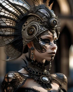 Solarpunk beige and black ivory carved filigree woman portrait adorned with decadent goth headdress and half face masque solar punk armour dress ribbed with quartz agate azurit and obsidian metallic filigree dress and armour and embossed solar punk headdress organic bio spinal ribbed detail of rainy gothic cityscape bokeh background