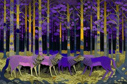 A purple forest with wolves painted by Gustav Klimt