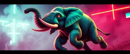 cute pen outline with some neon airbrush, let create a crazy wild elephant doing dangerous stuff - dynamic camera push-in revealing intricate details in motion. Epic cinematic wide-angle camera swoops down, hazy neon background with gritty border