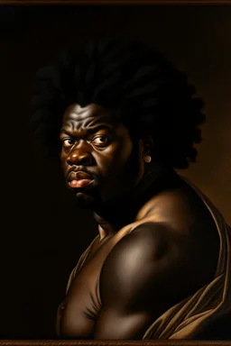 A portrait of a black man, curvy black hair, Caravaggio style