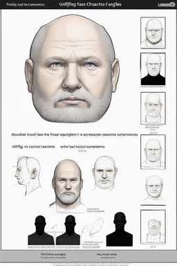 Create an image based on this text: Unifying the character to remain consistent in all angles and expressions while maintaining the facial features as seen in the pictures: 1. Fixed facial dimensions: Face shape: The face is round with a strong jaw and a medium beard, slightly chubby. These essential features should remain consistent in all angles. Eyes, nose, and mouth: The large eyes and wide nose should maintain their relative position in all expressions, as shown in the pictures. The mout