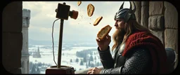 Movie poster portrait. The mighty God Thor sees the hammer toaster on a pole, spit out one slice in his face. The bread is jumping over his head. In the style of Rembrandt and "Gods of Fallout 4". He is sitting on the balcony of his castle, with a great view over the frozen valley. He is trying to grab the bread quickly. "Fali' ja." Dark edge border with runes and dragons.