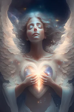 An angel holding the universe in her chest