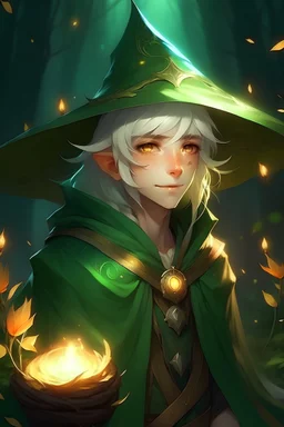 femboy, half-elf, wizard, big hat, gold eyes, boy, fireflies, druid, white hair, green hair